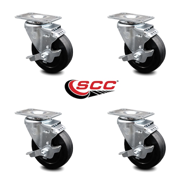 4 Inch Soft Rubber Wheel Swivel Top Plate Caster Set with Brake